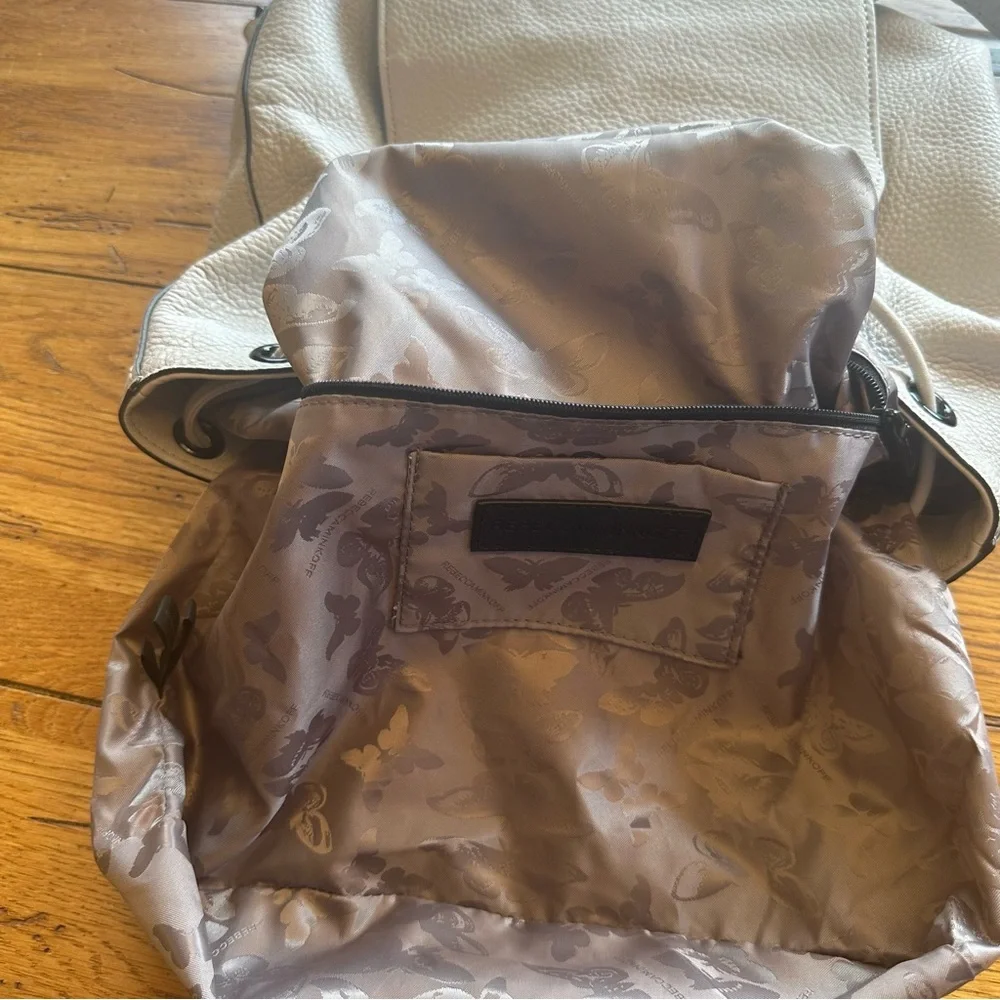 Rebecca Minkoff Cream Pebbled Leather Backpack with Lace Up and Tassel Detail